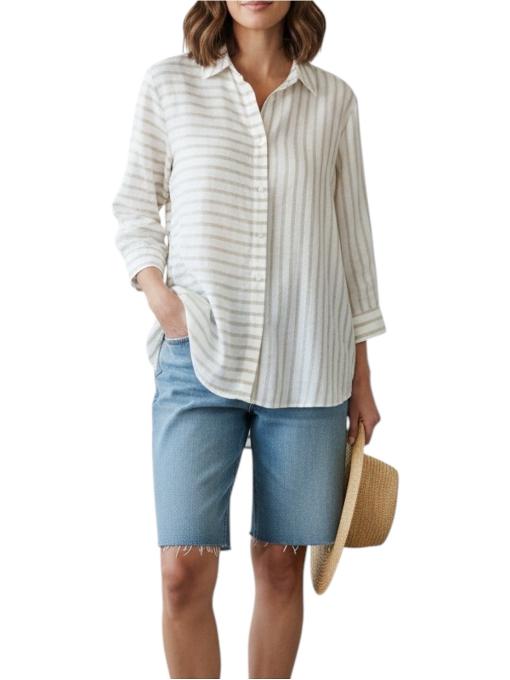 Chico’s Light Stripe Linen Tunic Collar Coastal Beach Summer Button-Up Shirt